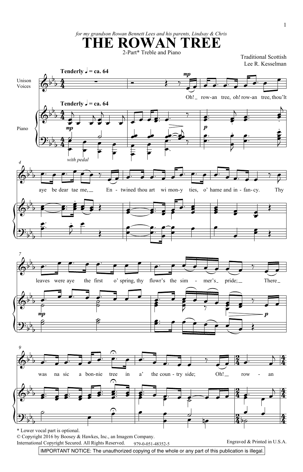 Lee R. Kesselman The Rowan Tree sheet music notes and chords arranged for Unison Choir