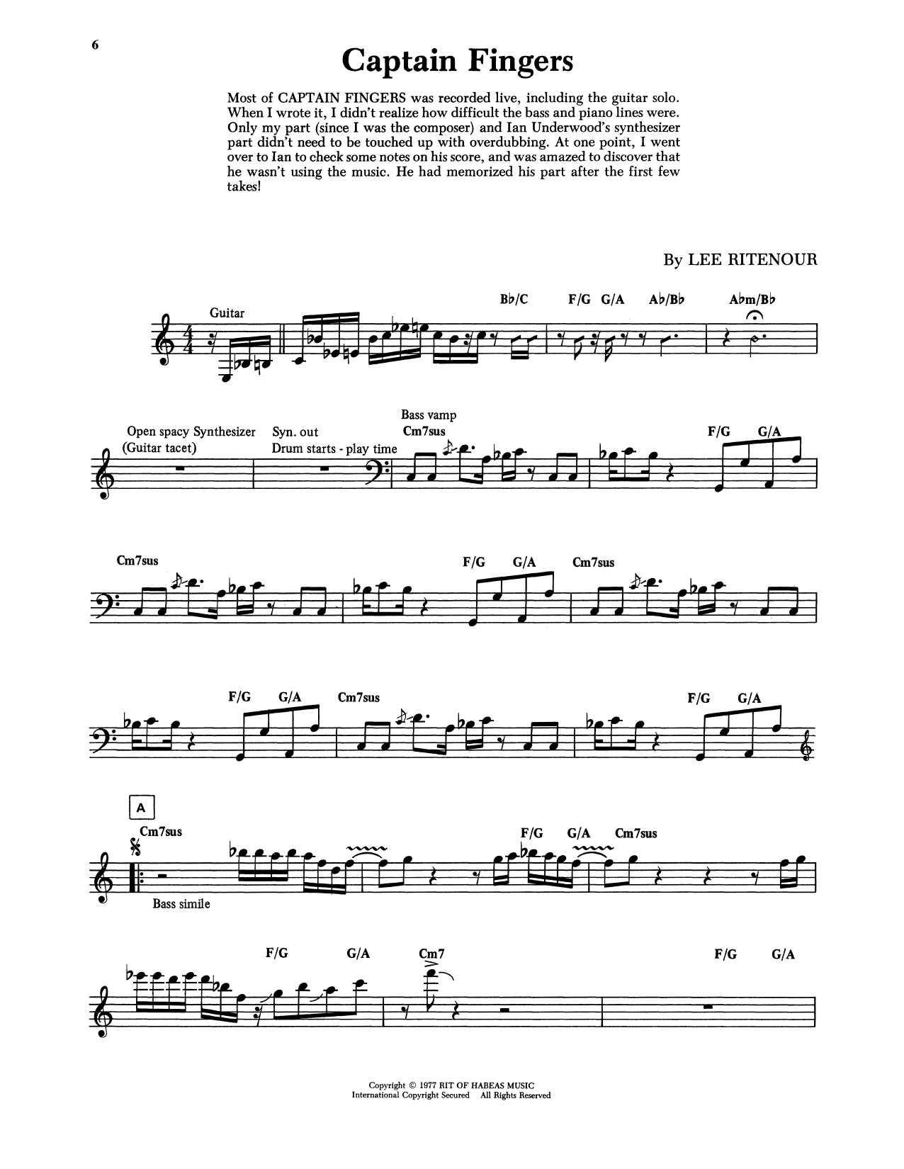 Lee Ritenour Captain Fingers sheet music notes and chords arranged for Piano Solo