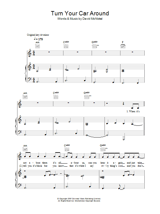 Lee Ryan Turn Your Car Around sheet music notes and chords arranged for Piano, Vocal & Guitar Chords