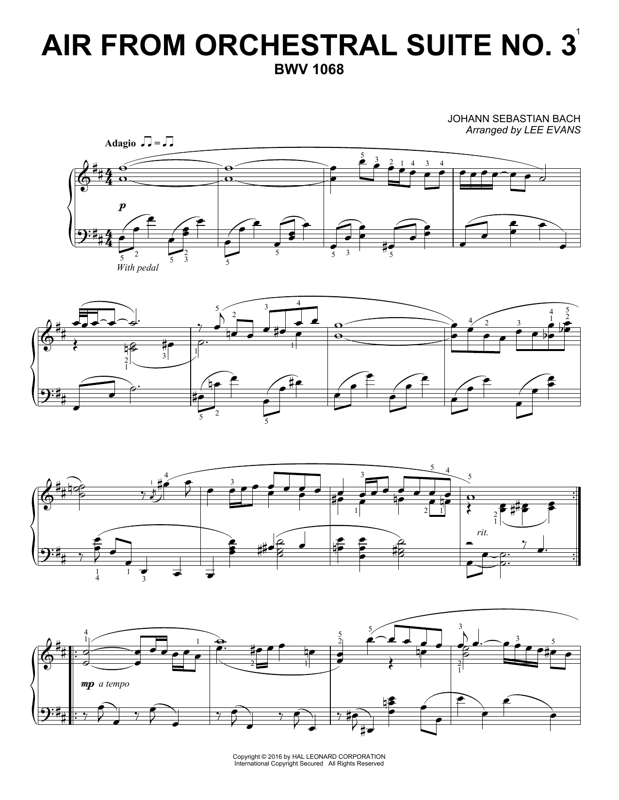 Lee Evans Air From Suite No. 3 In D sheet music notes and chords arranged for Piano Solo