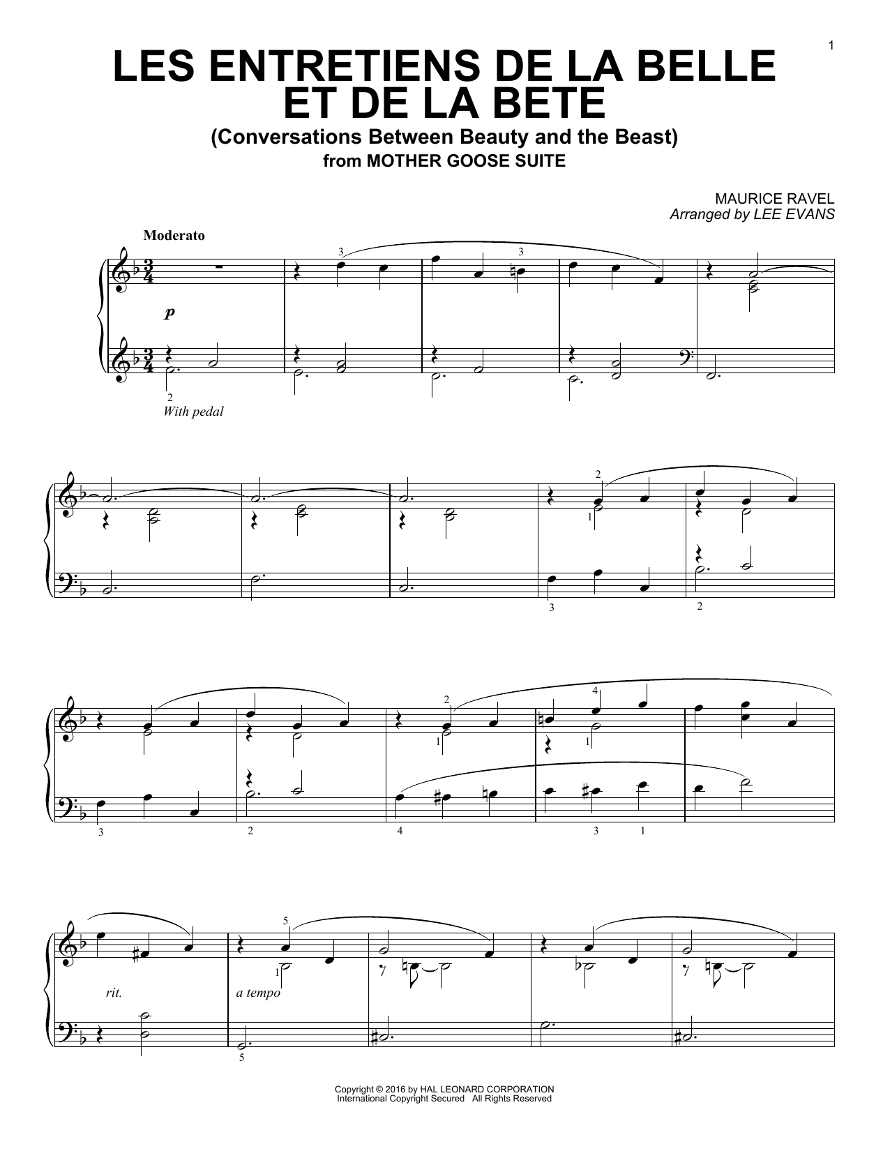 Lee Evans Les entretiens de la belle et de la bete (Conversations Between Beauty And The Beast) sheet music notes and chords arranged for Piano Solo