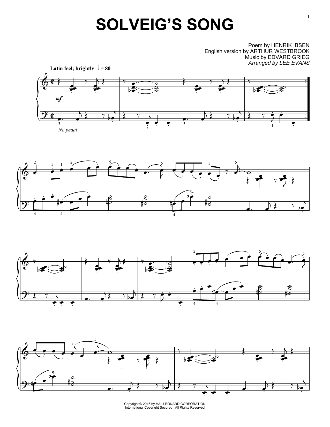Lee Evans Solveig's Song sheet music notes and chords arranged for Piano Solo