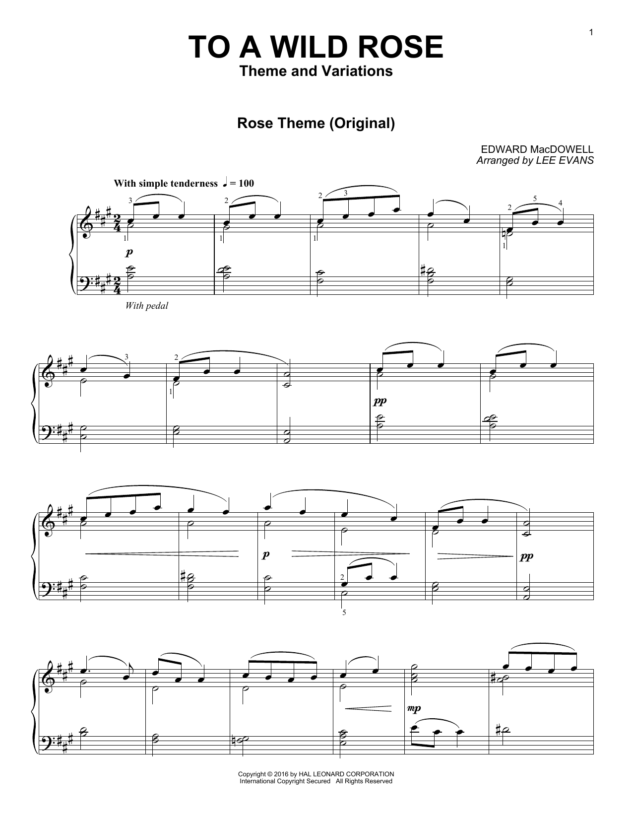 Lee Evans To A Wild Rose sheet music notes and chords arranged for Piano Solo