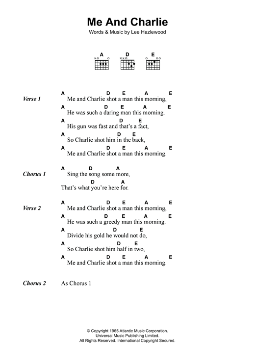 Lee Hazlewood Me And Charlie sheet music notes and chords arranged for Guitar Chords/Lyrics