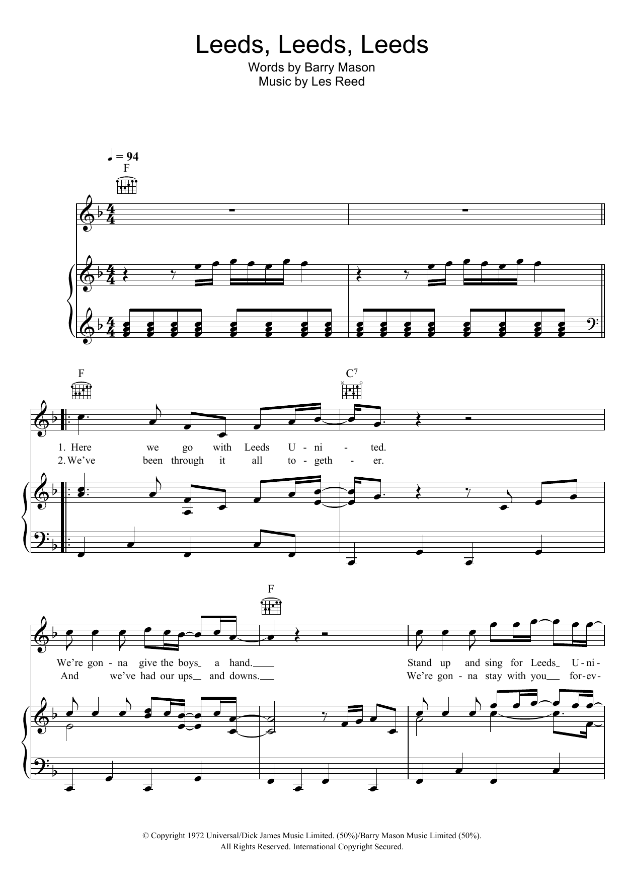 Leeds United Team & Supporters Leeds, Leeds, Leeds (Marching On Together) sheet music notes and chords arranged for Piano, Vocal & Guitar Chords