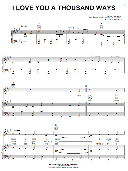 Lefty Frizzell I Love You A Thousand Ways sheet music notes and chords arranged for Piano, Vocal & Guitar Chords (Right-Hand Melody)