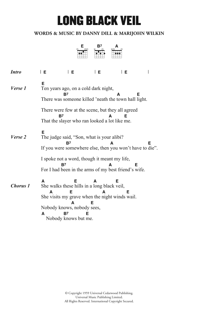 Lefty Frizzell Long Black Veil sheet music notes and chords arranged for Guitar Chords/Lyrics