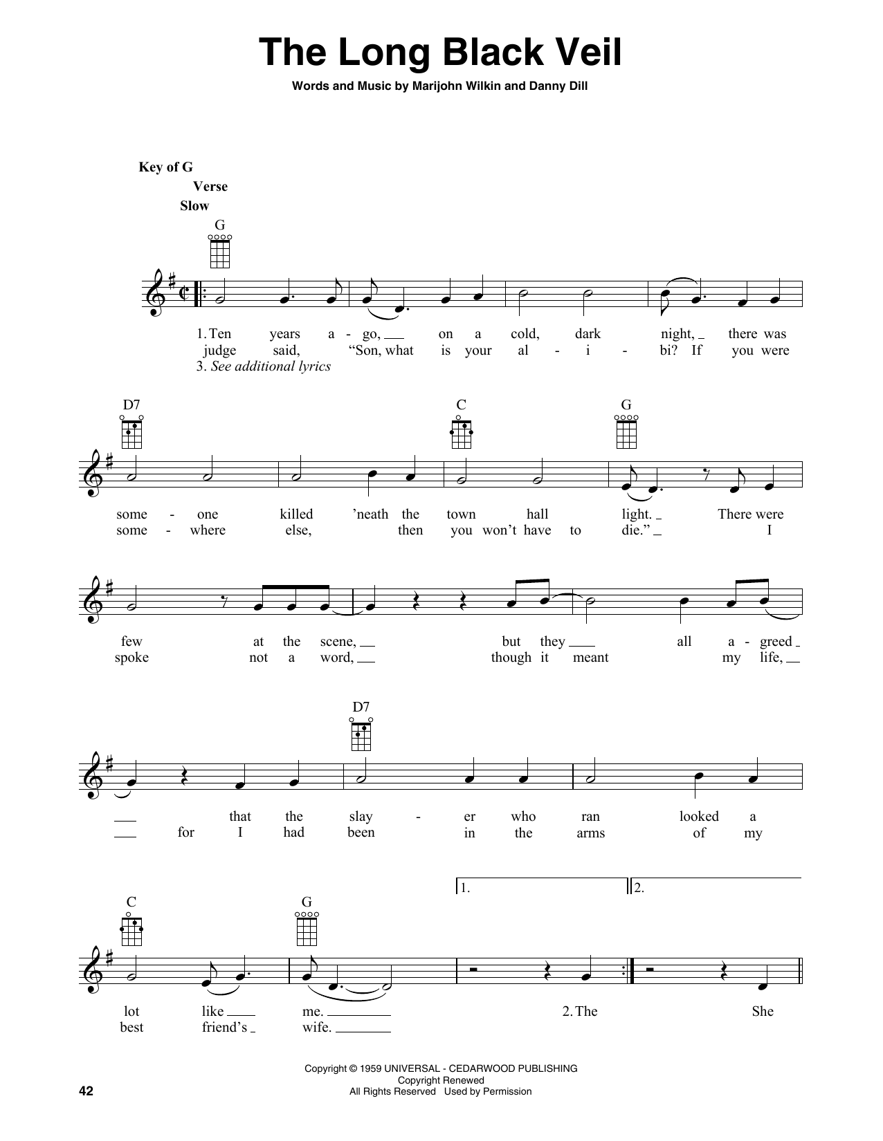 Lefty Frizzell The Long Black Veil (arr. Fred Sokolow) sheet music notes and chords arranged for Banjo Tab