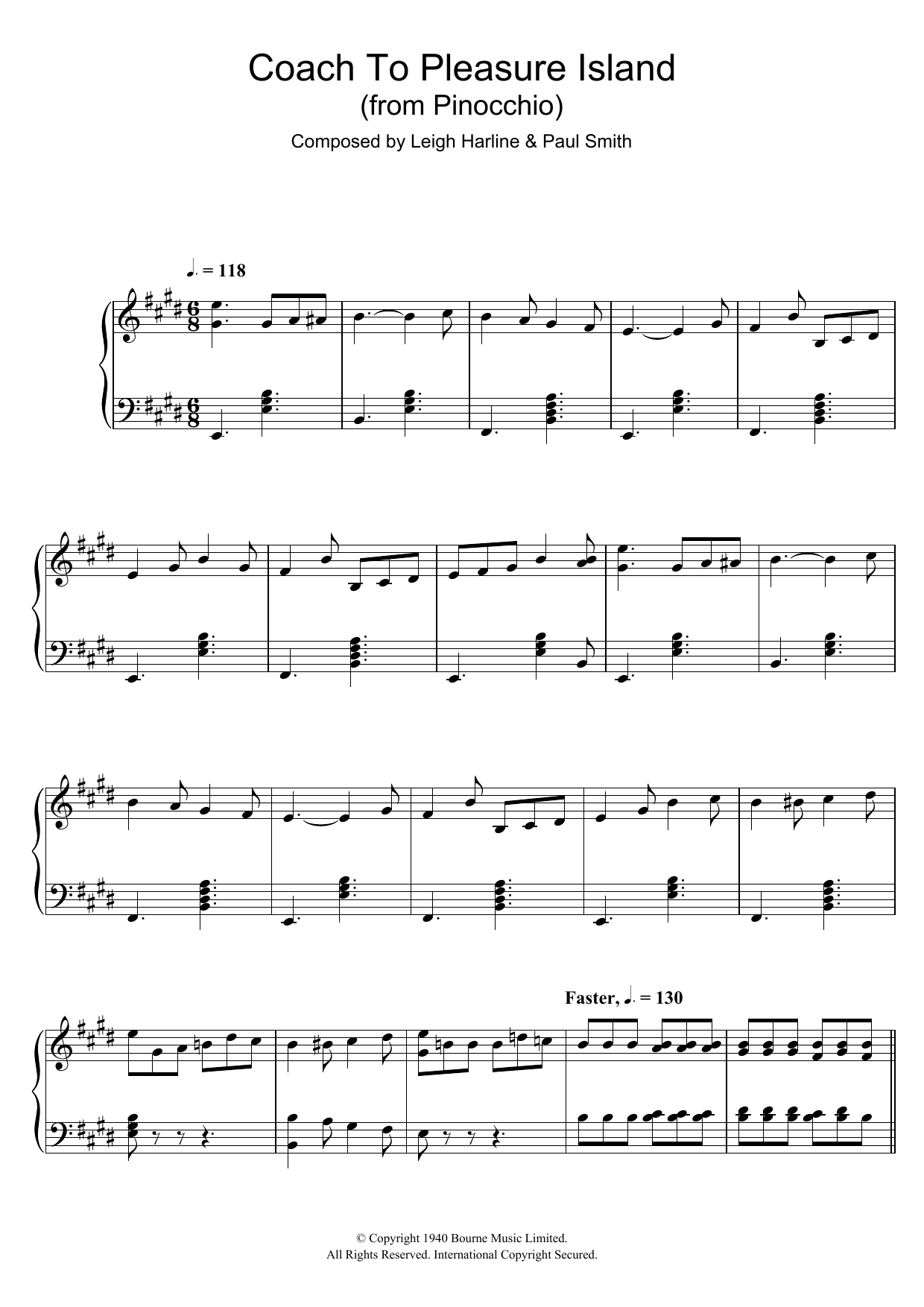 Leigh Harline Pinocchio (Coach To Pleasure Island) sheet music notes and chords arranged for Piano Solo