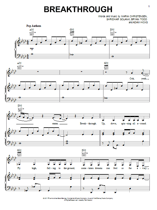 Lemonade Mouth (Movie) Breakthrough sheet music notes and chords arranged for Piano, Vocal & Guitar Chords (Right-Hand Melody)