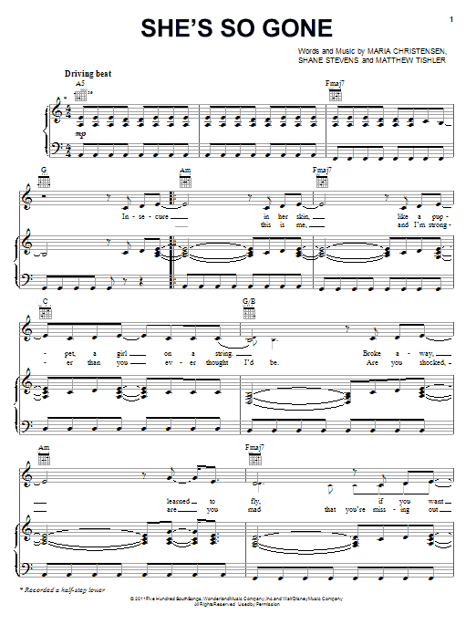 Lemonade Mouth (Movie) She's So Gone sheet music notes and chords arranged for Piano, Vocal & Guitar Chords (Right-Hand Melody)