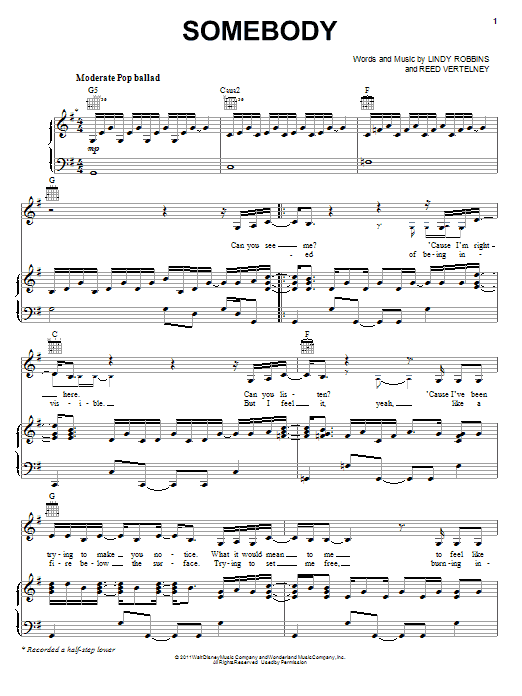 Lemonade Mouth (Movie) Somebody sheet music notes and chords arranged for Piano, Vocal & Guitar Chords (Right-Hand Melody)