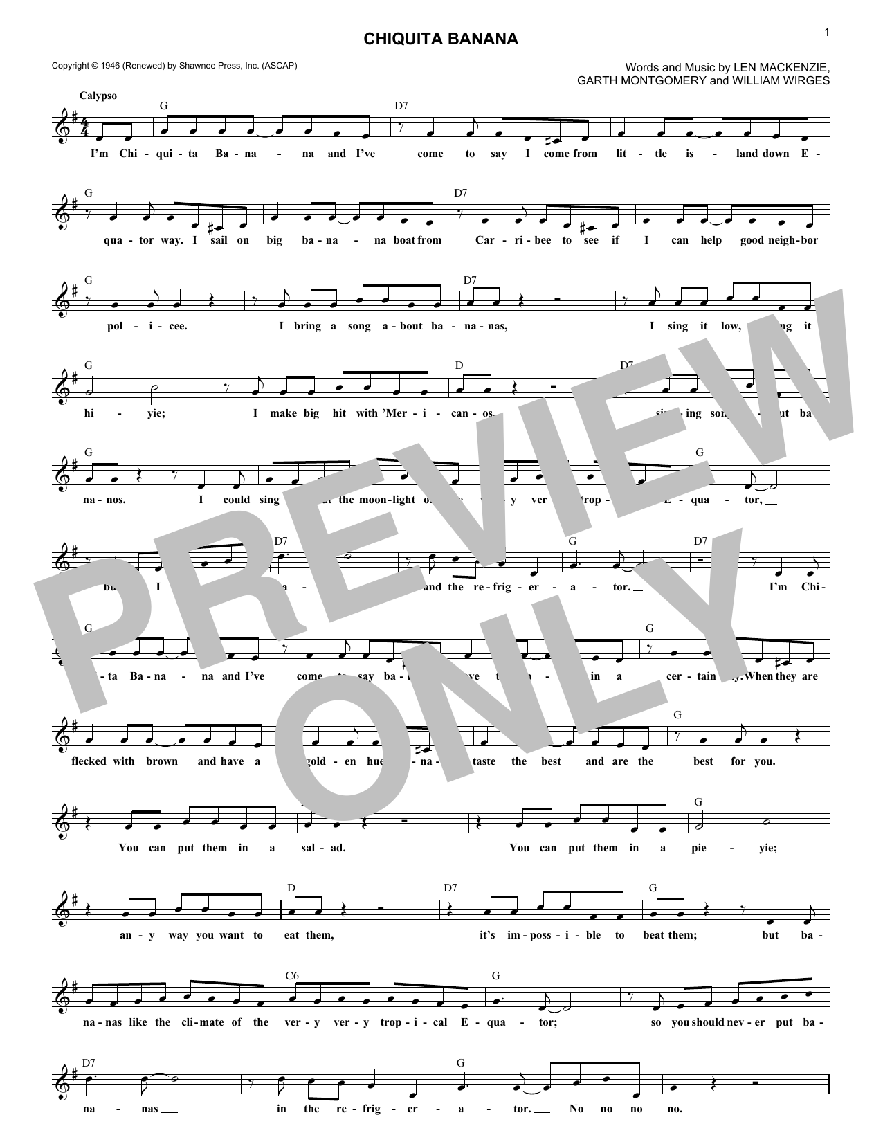 Len Mackenzie Chiquita Banana sheet music notes and chords arranged for Lead Sheet / Fake Book