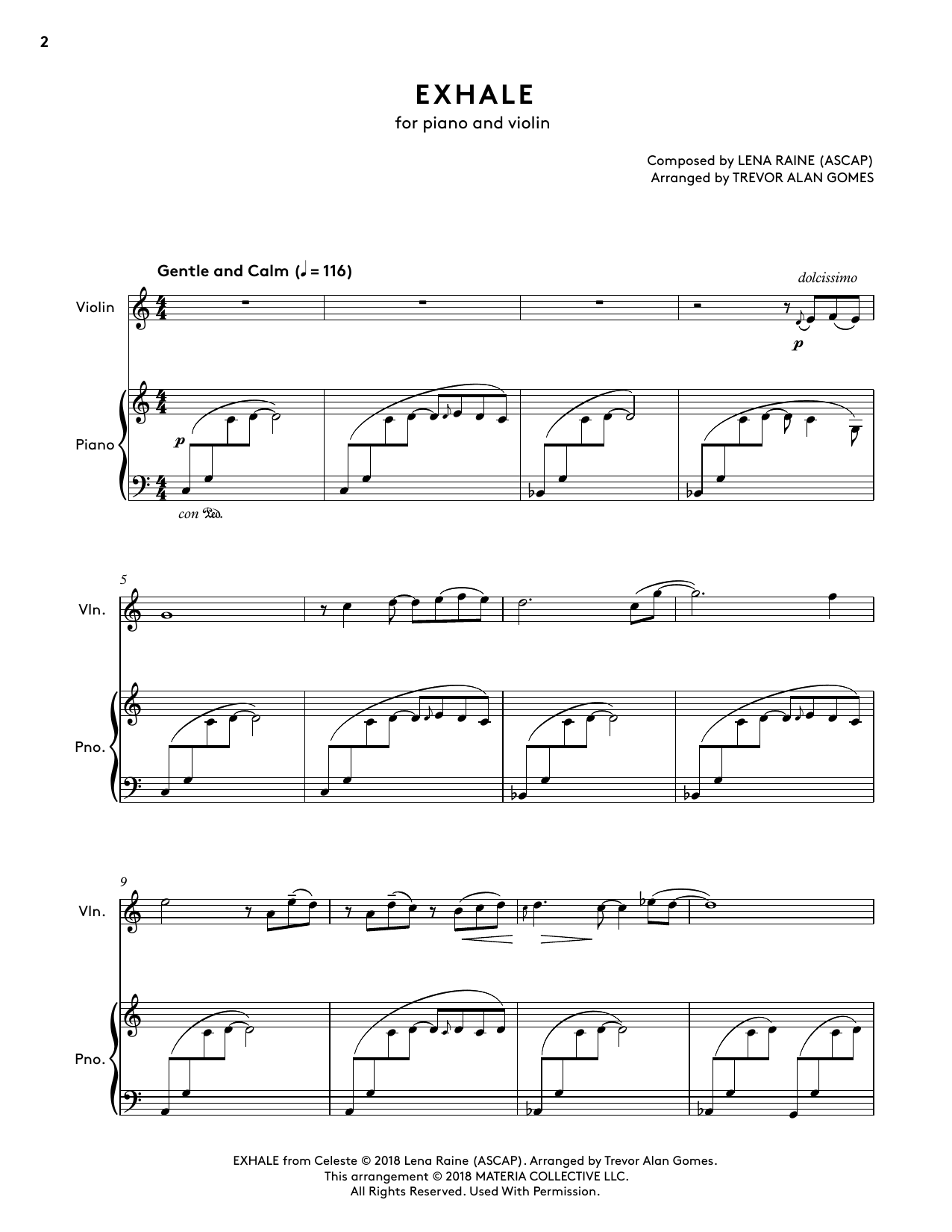 Lena Raine Exhale (from Celeste Piano Collections) (arr. Trevor Alan Gomes) sheet music notes and chords arranged for Violin and Piano