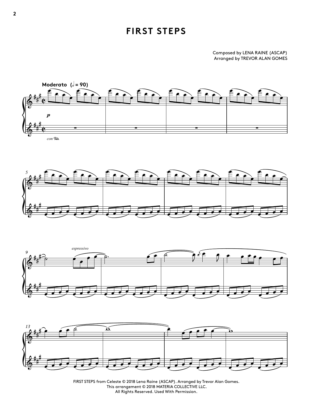 Lena Raine First Steps (from Celeste Piano Collections) (arr. Trevor Alan Gomes) sheet music notes and chords arranged for Piano Solo
