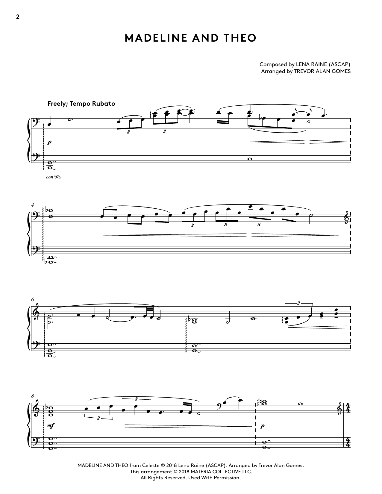 Lena Raine Madeline And Theo (from Celeste Piano Collections) (arr. Trevor Alan Gomes) sheet music notes and chords arranged for Piano Solo