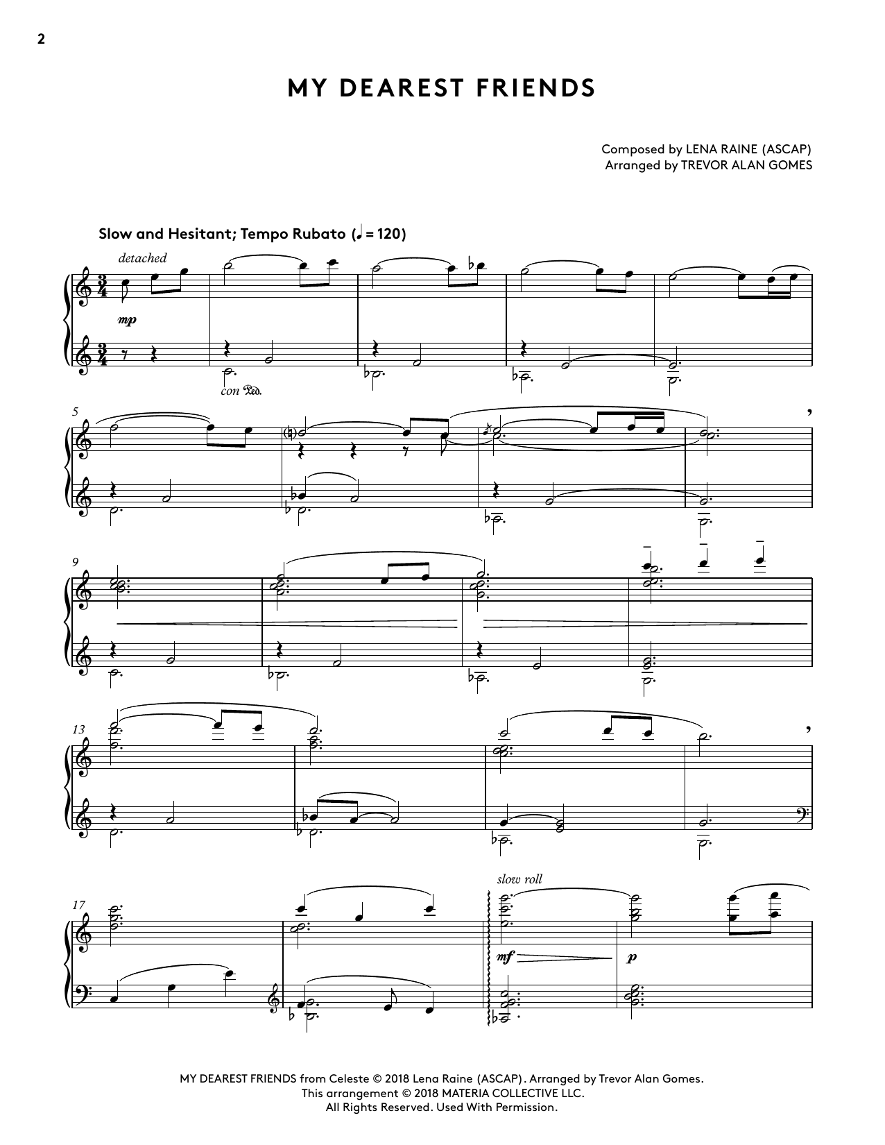 Lena Raine My Dearest Friends (from Celeste Piano Collections) (arr. Trevor Alan Gomes) sheet music notes and chords arranged for Piano Solo