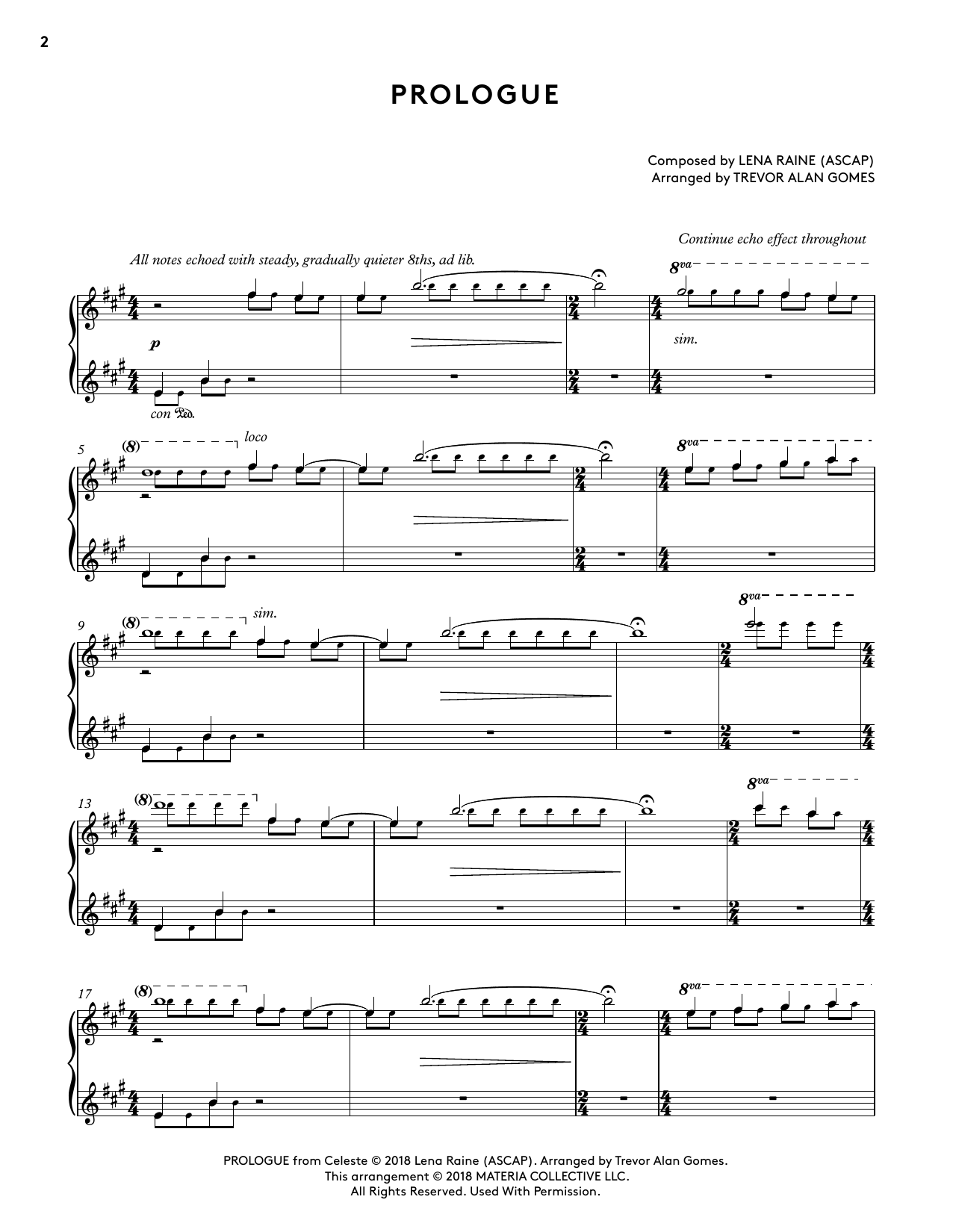 Lena Raine Prologue (from Celeste Piano Collections) (arr. Trevor Alan Gomes) sheet music notes and chords arranged for Piano Solo