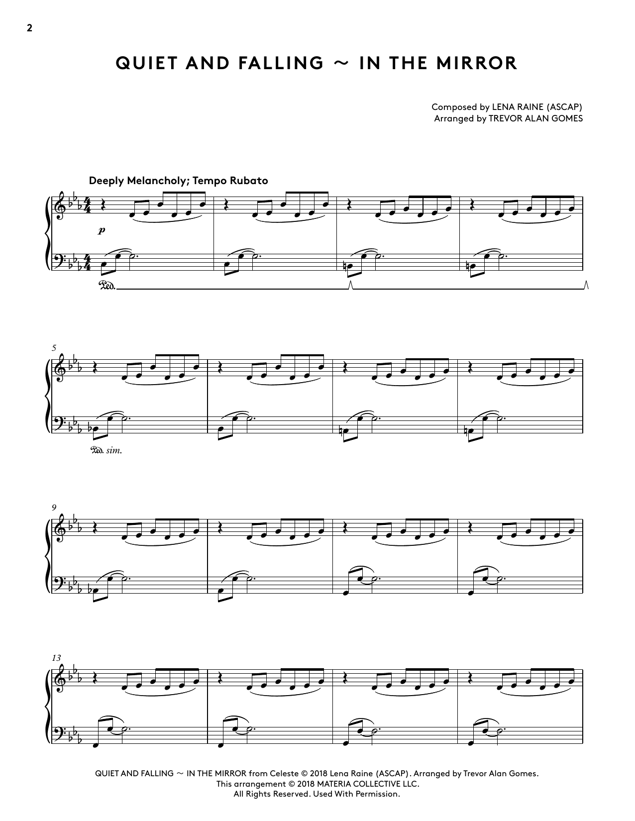 Lena Raine Quiet And Falling - In The Mirror (from Celeste Piano Collections) (arr. Trevor Alan Gomes) sheet music notes and chords arranged for Piano Solo