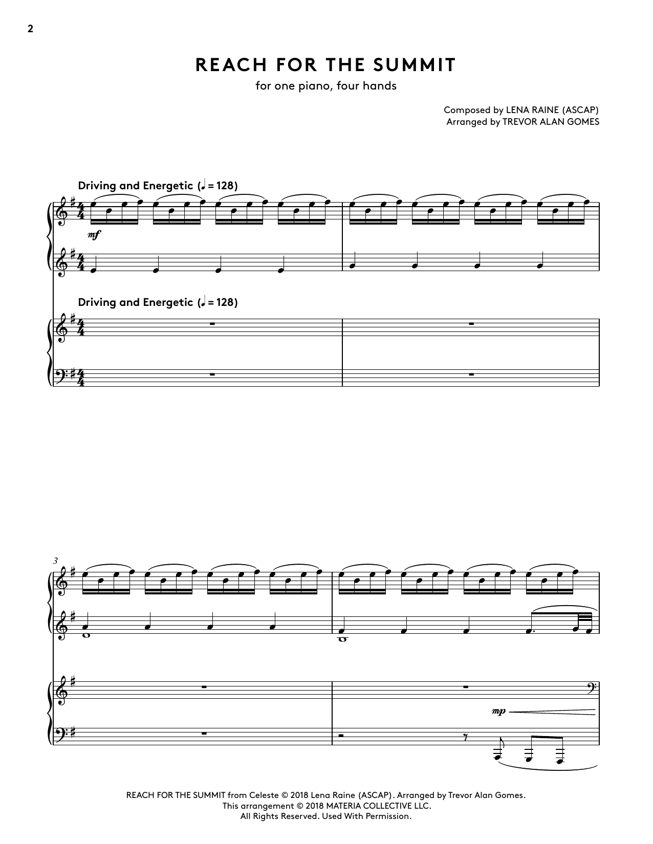 Lena Raine Reach For The Summit (from Celeste Piano Collections) (arr. Trevor Alan Gomes) sheet music notes and chords arranged for Piano Duet