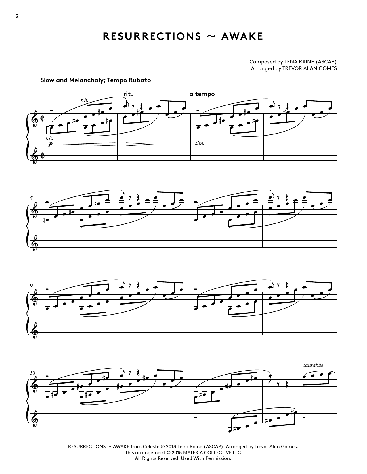 Lena Raine Resurrections - Awake (from Celeste Piano Collections) (arr. Trevor Alan Gomes) sheet music notes and chords arranged for Piano Solo