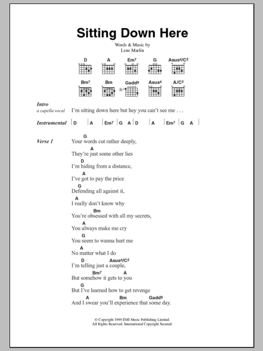 Lene Marlin Sitting Down Here sheet music notes and chords arranged for Guitar Chords/Lyrics