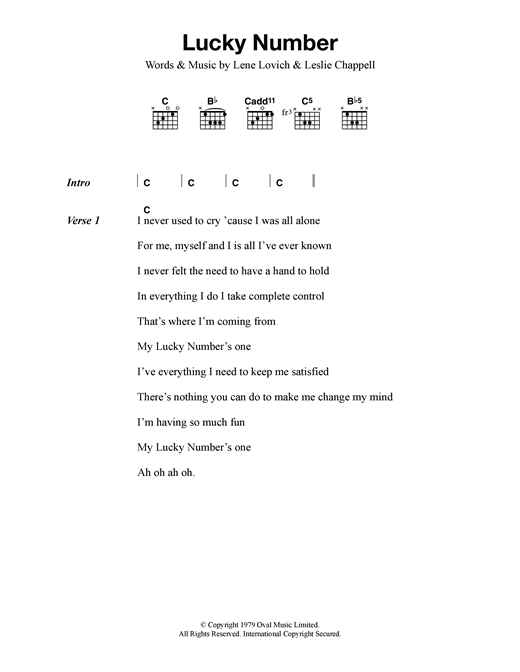 Lene Lovich Lucky Number sheet music notes and chords arranged for Guitar Chords/Lyrics