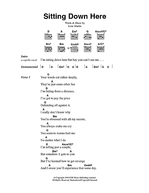 Lene Marlin Sitting Down Here sheet music notes and chords arranged for Guitar Chords/Lyrics