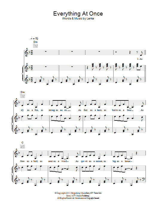 Lenka Everything At Once sheet music notes and chords arranged for Piano, Vocal & Guitar Chords
