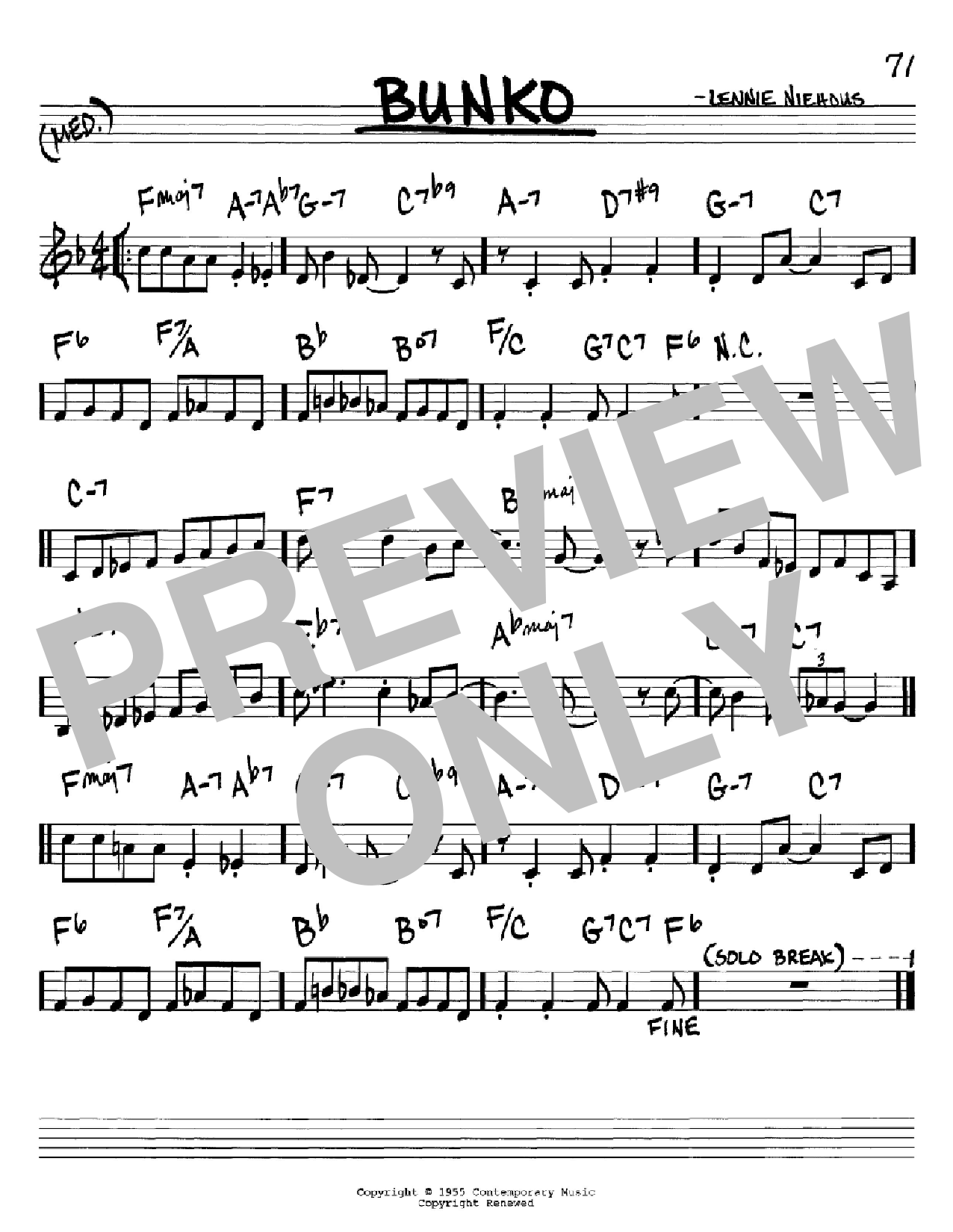 Lennie Niehous Bunko sheet music notes and chords arranged for Real Book – Melody & Chords – C Instruments