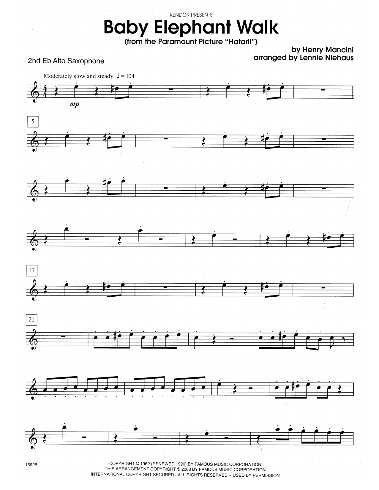Lennie Niehaus Baby Elephant Walk (From The Paramount Picture Hatari!) - 2nd Eb Alto Saxophone sheet music notes and chords. Download Printable PDF.