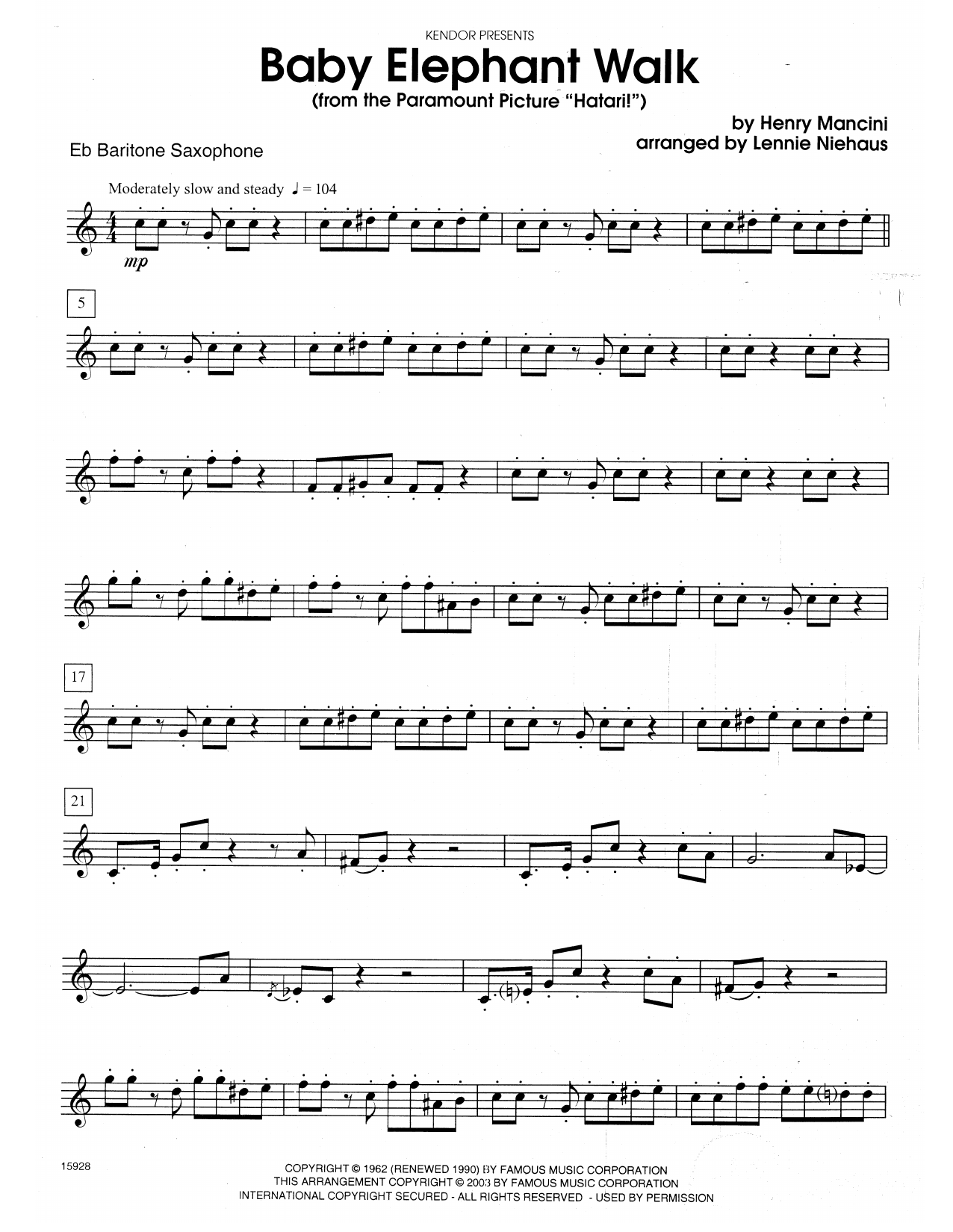 Lennie Niehaus Baby Elephant Walk (From The Paramount Picture Hatari!) - Eb Baritone Saxophone sheet music notes and chords. Download Printable PDF.