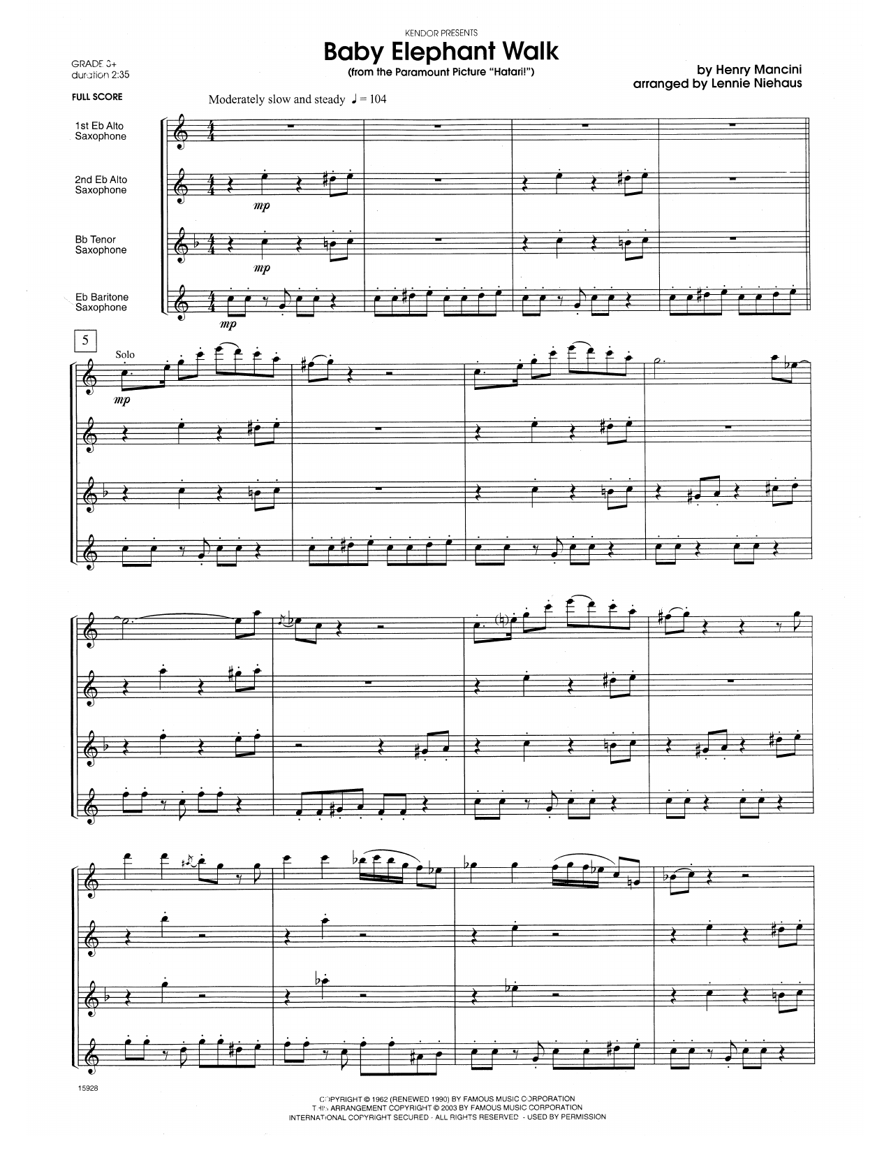 Lennie Niehaus Baby Elephant Walk (From The Paramount Picture Hatari!) - Full Score sheet music notes and chords. Download Printable PDF.