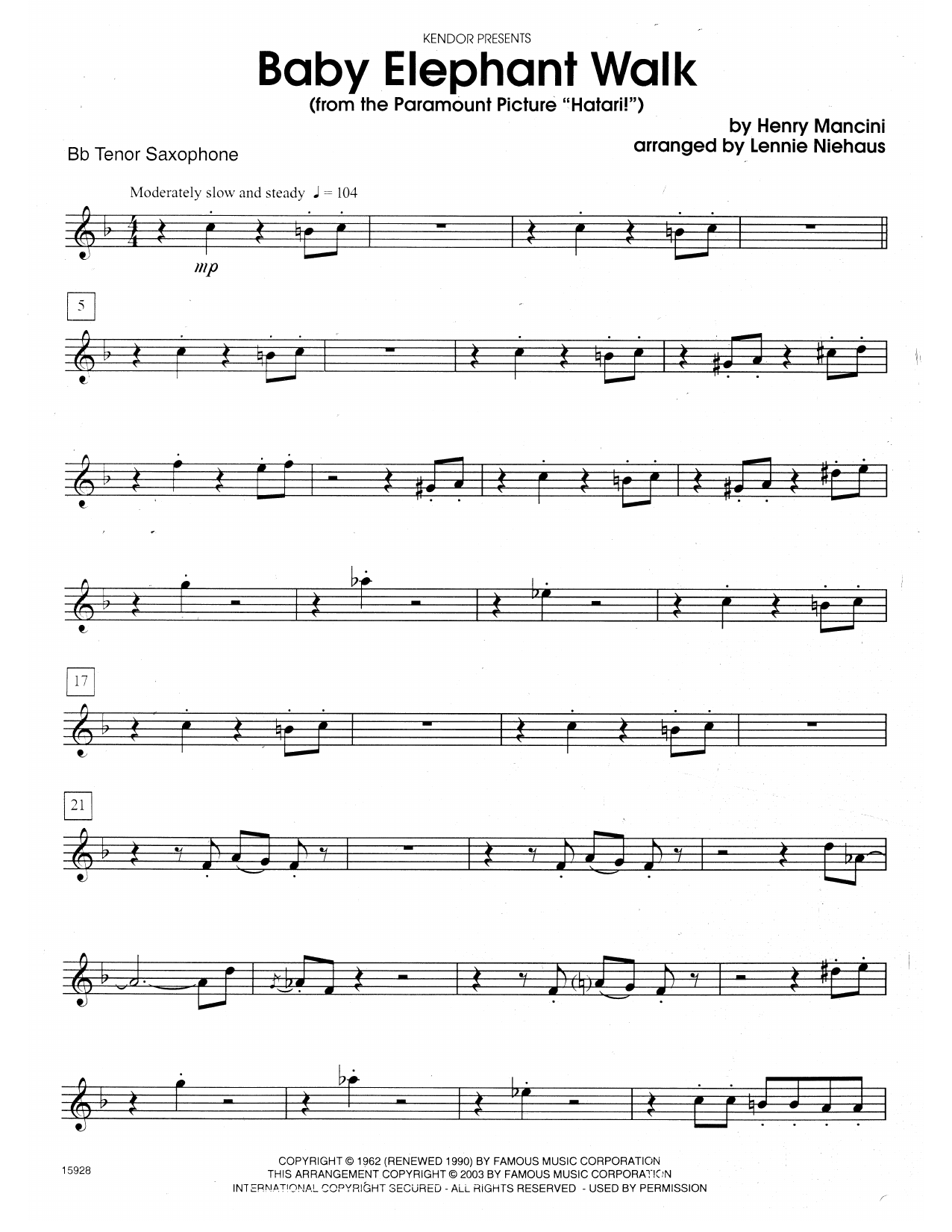 Lennie Niehaus Baby Elephant Walk (From The Paramount Picture Hatari!) - Solo Bb Tenor Saxophone sheet music notes and chords. Download Printable PDF.