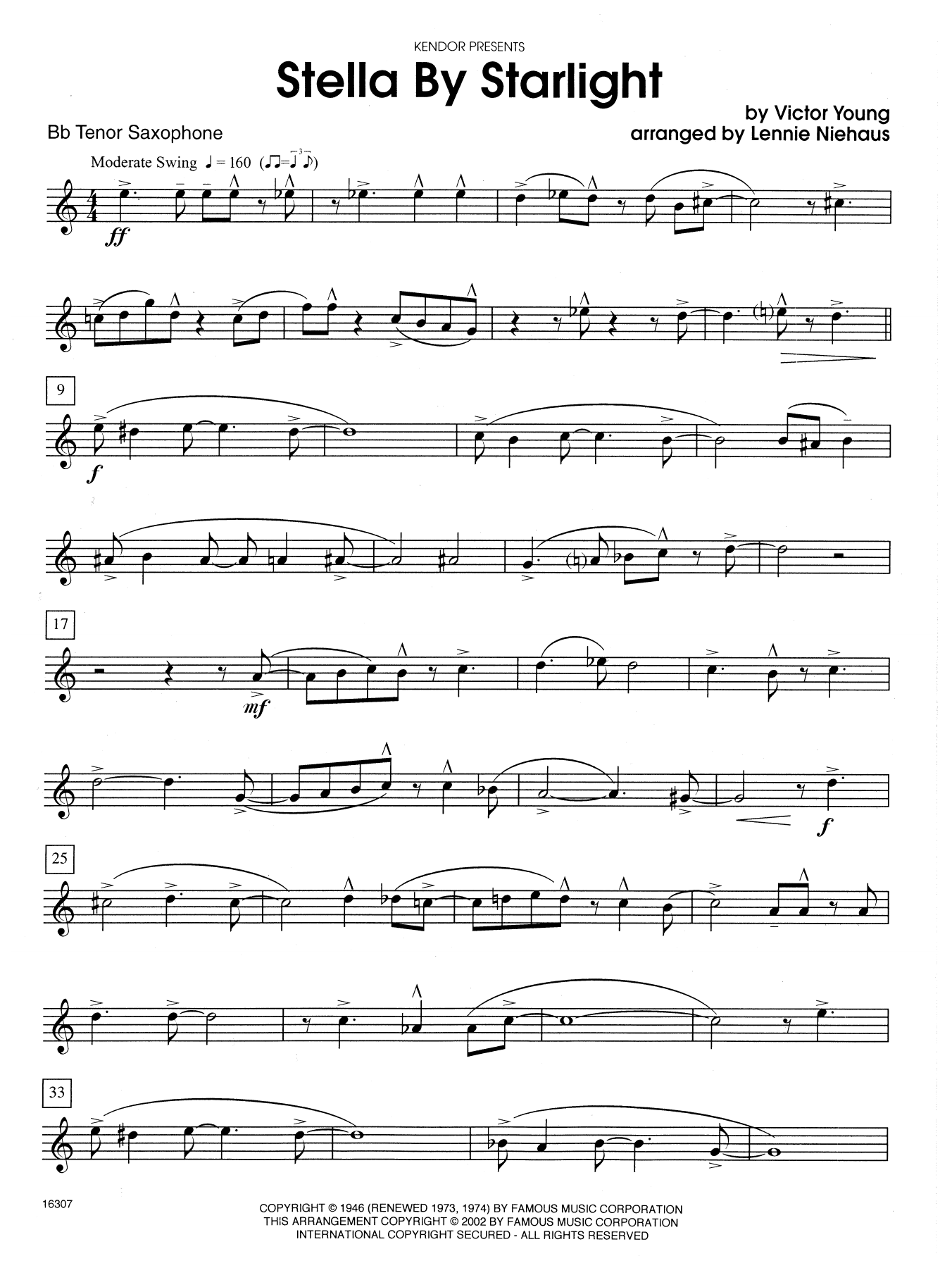 Lennie Niehaus Stella By Starlight (from the Paramount Picture The Uninvited) - Bb Tenor Saxophone sheet music notes and chords. Download Printable PDF.