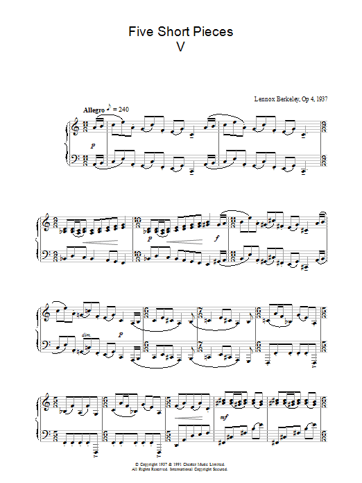 Lennox Berkeley Five Short Pieces, No. 5, Op. 4 sheet music notes and chords arranged for Piano Solo