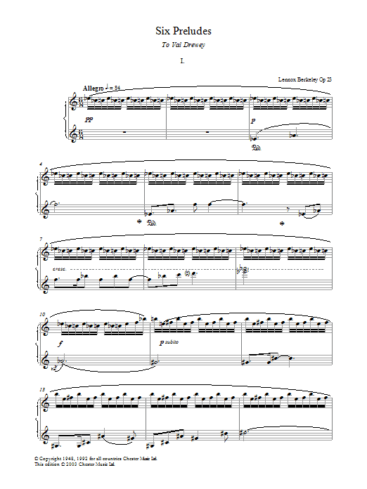 Lennox Berkeley Prelude No. 1 (from Six Preludes) sheet music notes and chords arranged for Piano Solo