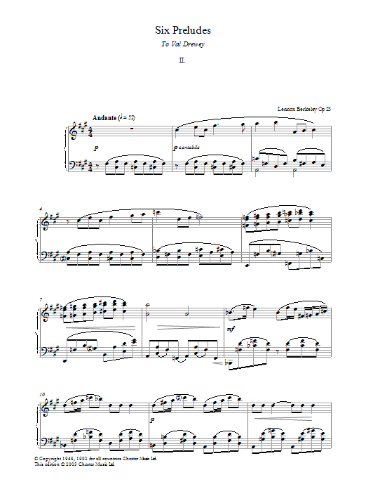 Lennox Berkeley Prelude No. 2 (from Six Preludes) sheet music notes and chords arranged for Piano Solo