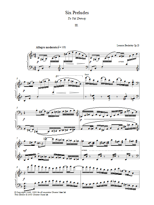 Lennox Berkeley Prelude No. 3 (from Six Preludes) sheet music notes and chords arranged for Piano Solo