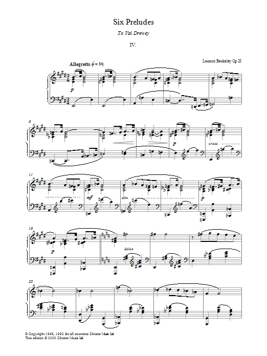 Lennox Berkeley Prelude No. 4 (from Six Preludes) sheet music notes and chords arranged for Piano Solo