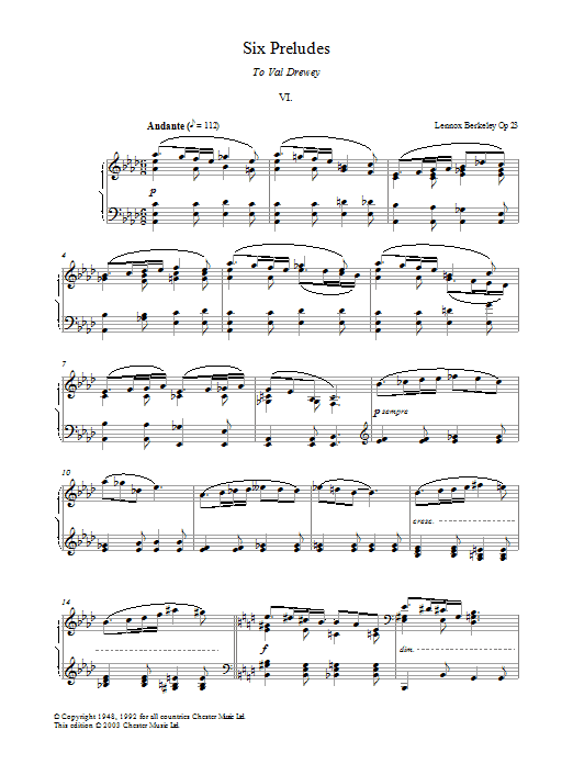 Lennox Berkeley Prelude No. 6 (from Six Preludes) sheet music notes and chords arranged for Piano Solo