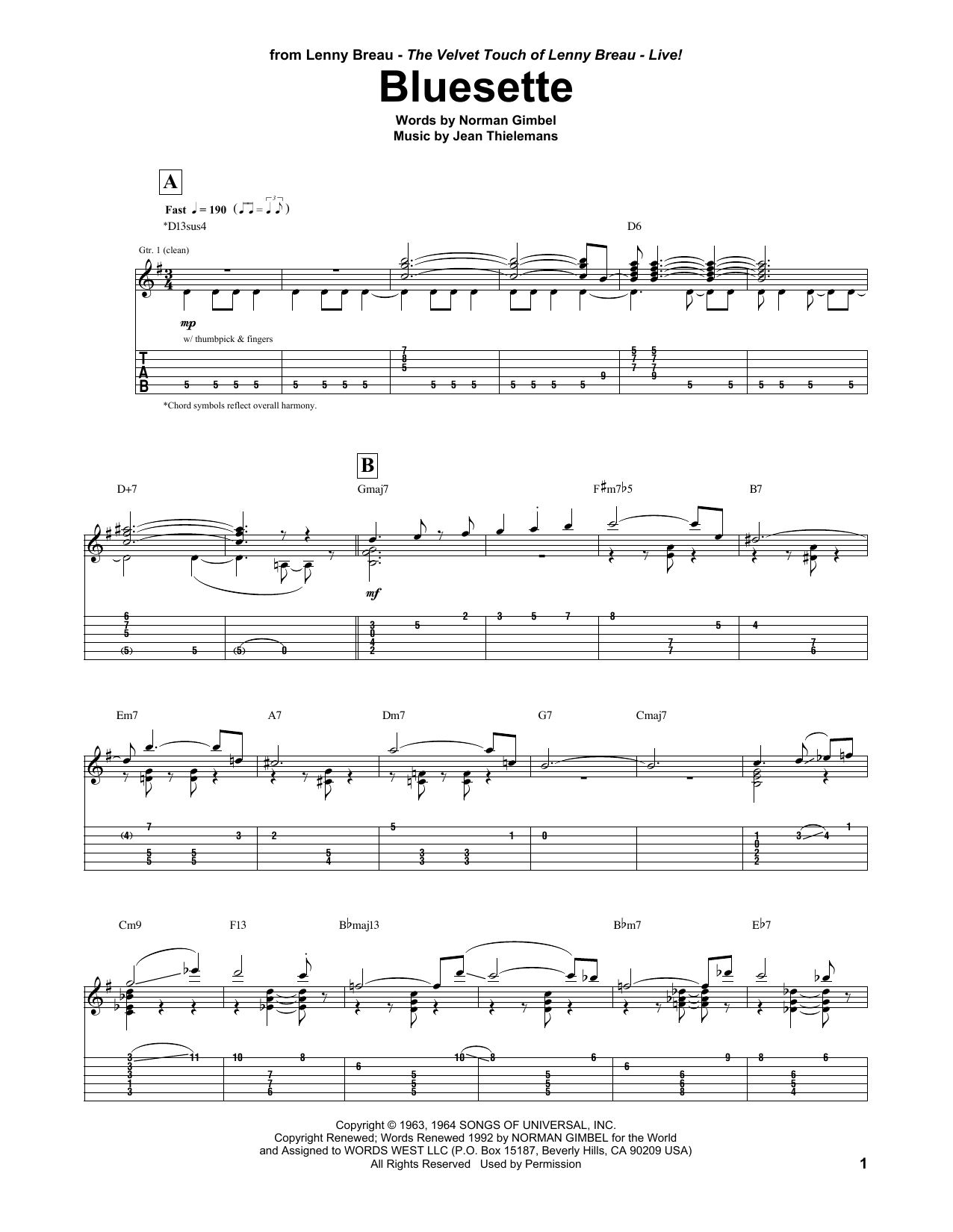 Lenny Breau Bluesette sheet music notes and chords arranged for Guitar Tab