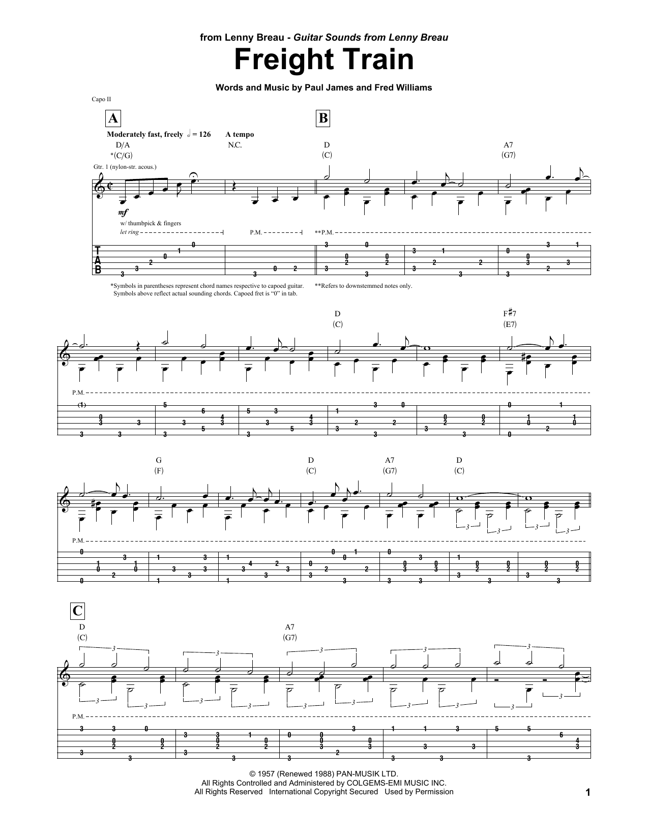 Lenny Breau Freight Train sheet music notes and chords arranged for Guitar Tab