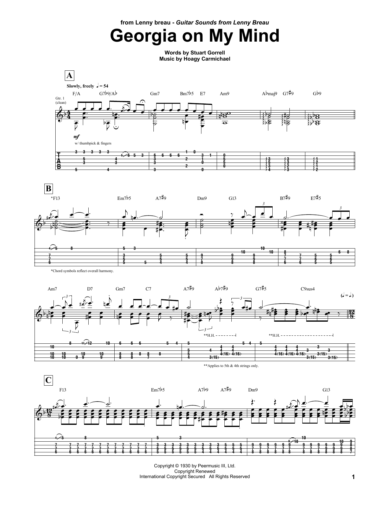 Lenny Breau Georgia On My Mind sheet music notes and chords arranged for Guitar Tab
