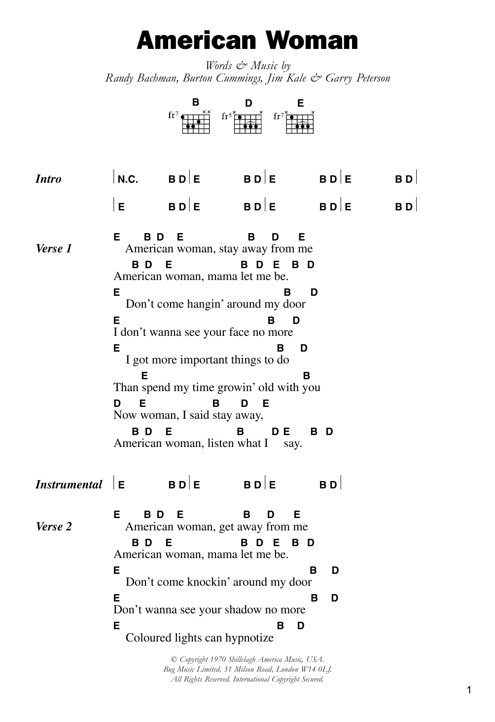 Lenny Kravitz American Woman sheet music notes and chords arranged for Guitar Chords/Lyrics