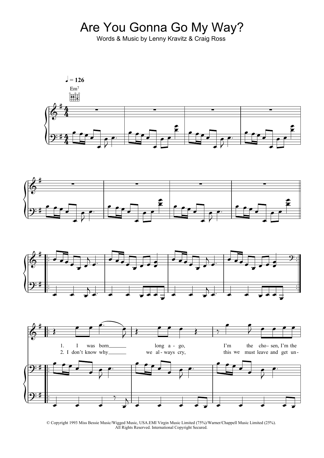 Lenny Kravitz Are You Gonna Go My Way? sheet music notes and chords arranged for Piano, Vocal & Guitar Chords
