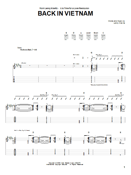 Lenny Kravitz Back In Vietnam sheet music notes and chords arranged for Guitar Tab