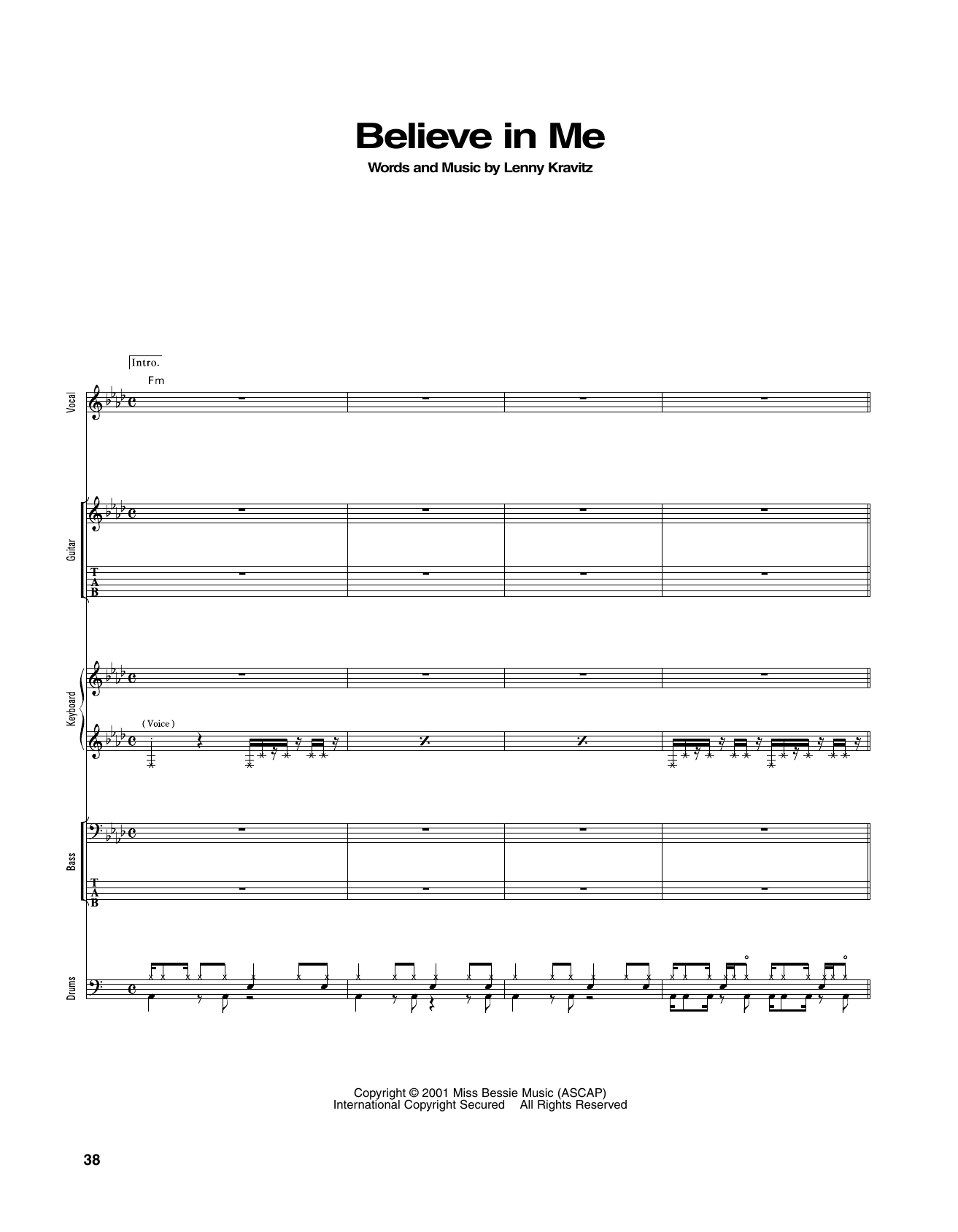 Lenny Kravitz Believe In Me sheet music notes and chords arranged for Transcribed Score