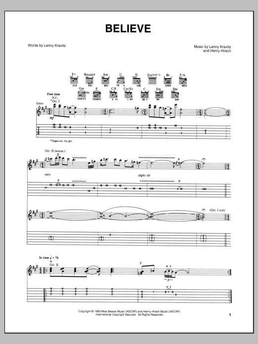 Lenny Kravitz Believe sheet music notes and chords arranged for Guitar Tab