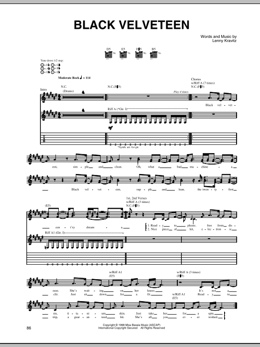 Lenny Kravitz Black Velveteen sheet music notes and chords arranged for Guitar Tab